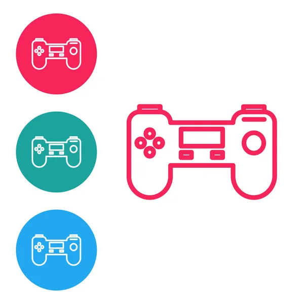 Ligne rouge icône Gamepad isolé sur fond blanc. Contrôleur de jeu. Définir des icônes dans les boutons cercle. Illustration vectorielle — Image vectorielle