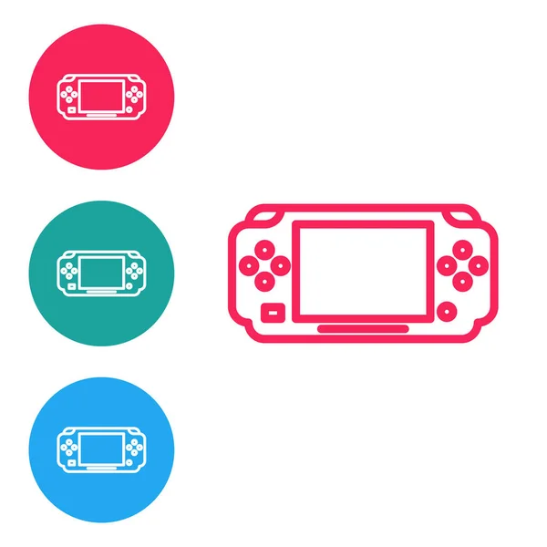 Ligne rouge Icône de console de jeu vidéo portable isolé sur fond blanc. Panneau de jeu. Concept de jeu. Définir des icônes dans les boutons cercle. Illustration vectorielle — Image vectorielle