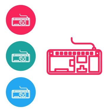 Kırmızı çizgi Bilgisayar klavye simgesi beyaz arkaplanda izole edildi. Bilgisayar bileşeni işareti. Simgeleri daire düğmelerine ayır. Vektör İllüstrasyonu
