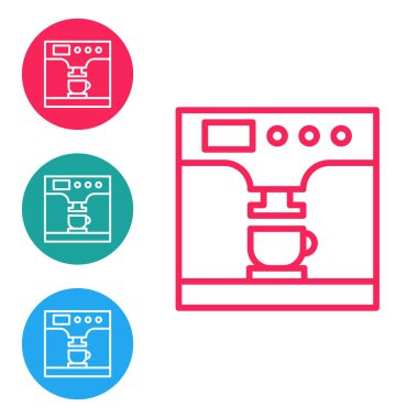 Kırmızı çizgi kahve makinesi ve kahve fincanı ikonu beyaz arka planda izole edilmiş. Simgeleri daire düğmelerine ayır. Vektör İllüstrasyonu