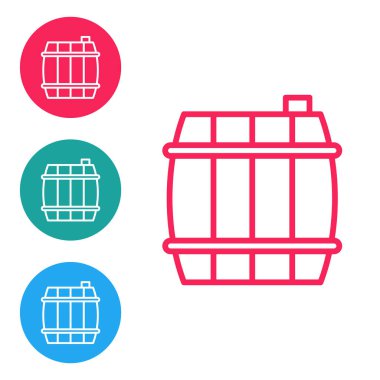 Kırmızı çizgi tahta varil ikonu beyaz arka planda izole edildi. Alkol fıçısı, içki kabı, bira için tahta fıçı, viski, şarap. Simgeleri daire düğmelerine ayır. Vektör İllüstrasyonu