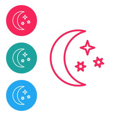 Kırmızı çizgi Ay ve yıldız simgesi beyaz arkaplanda izole edildi. Simgeleri daire düğmelerine ayır. Vektör İllüstrasyonu