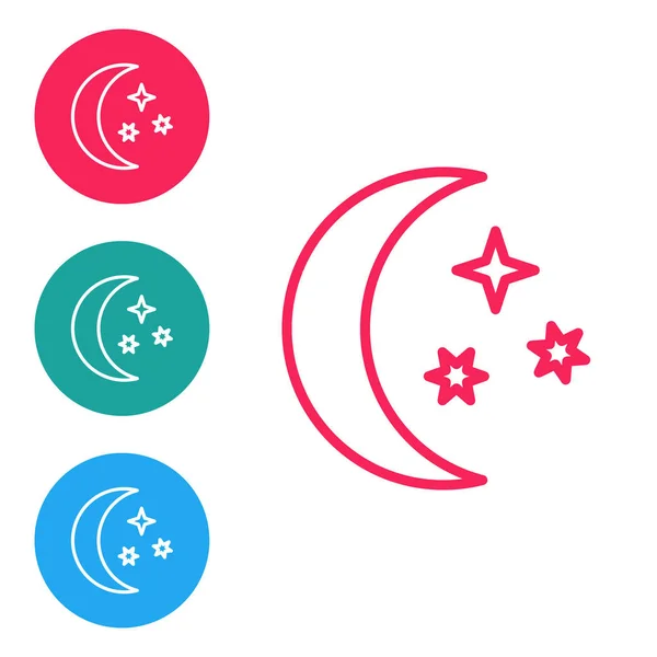 Línea roja Icono de luna y estrellas aislado sobre fondo blanco. Establecer iconos en botones de círculo. Ilustración vectorial — Archivo Imágenes Vectoriales