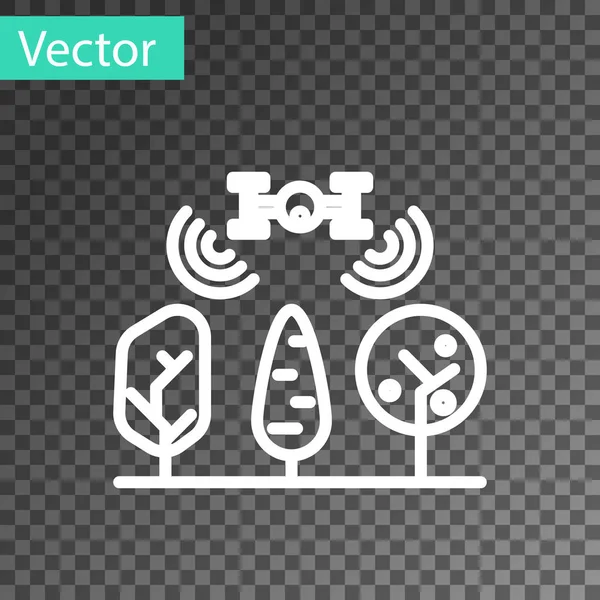 Ligne blanche Ferme intelligente avec contrôle des drones et icône de l'arbre isolé sur fond transparent. Technologie d'innovation pour l'entreprise agricole. Illustration vectorielle — Image vectorielle