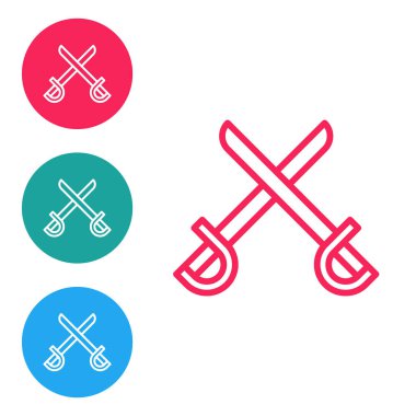 Kırmızı çizgi, beyaz arka planda izole edilmiş korsan kılıcı ikonu. Kılıç işareti. Simgeleri daire düğmelerine ayır. Vektör İllüstrasyonu