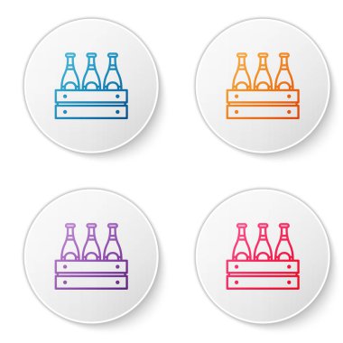 Beyaz arka planda izole edilmiş renkli bira şişeleri paketi simgesi. Tahta kutu ve bira şişeleri. Kutu bira kutusu tabelası. Simgeleri daire düğmelerine ayır. Vektör İllüstrasyonu