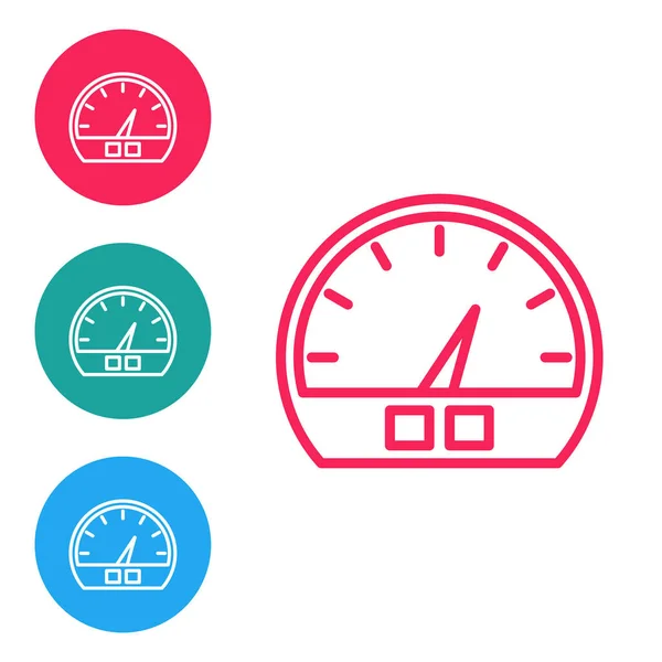Red line Speedometer icon isolated on white background. Set icons in circle buttons. Vector Illustration — Stock Vector