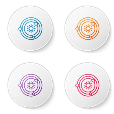 Beyaz arkaplanda izole edilmiş renk çizgisi güneş sistemi simgesi. Gezegenler yıldızın etrafında dönerler. Simgeleri daire düğmelerine ayır. Vektör İllüstrasyonu