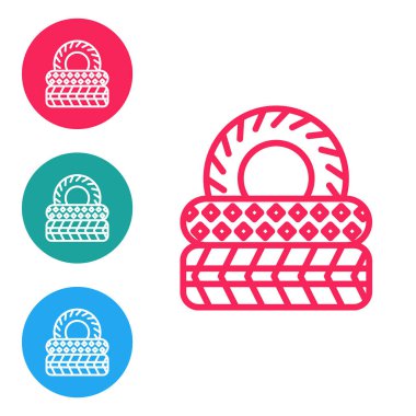 Kırmızı çizgi araba lastik ikonu beyaz arka planda izole edildi. Simgeleri daire düğmelerine ayır. Vektör İllüstrasyonu