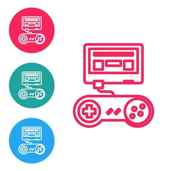 Ligne rouge console de jeu vidéo avec icône joystick isolé sur fond blanc. Définir des icônes dans les boutons cercle. Illustration vectorielle — Image vectorielle