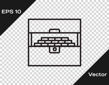 Siyah çizgi, şeffaf arka planda izole edilmiş antika hazine sandığı simgesini açtı. Altın sikkeli klasik tahta sandık. Vektör İllüstrasyonu