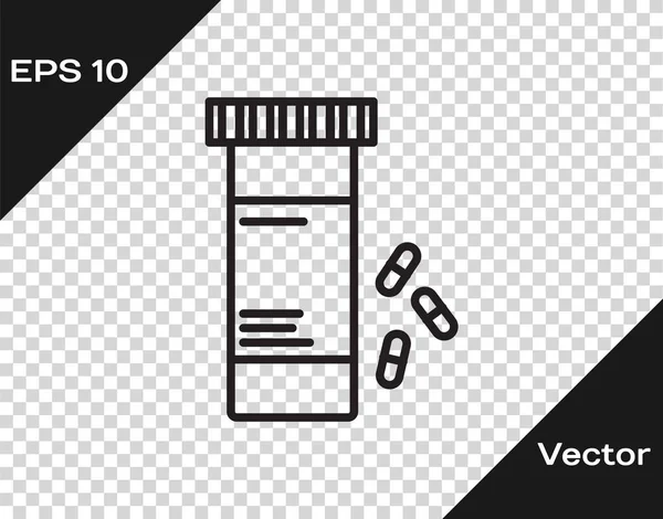 Черная линия медицины бутылку и таблетки значок изолирован на прозрачном фоне. Вывеска с таблетками. Аптечный дизайн. Векторная миграция — стоковый вектор
