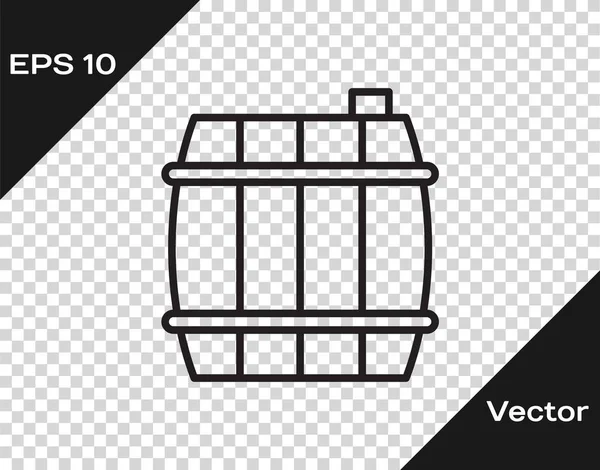 Black line Wooden barrel icon isolated on transparent background. Alcohol barrel, drink container, wooden keg for beer, whiskey, wine. Vector Illustration — Stock Vector