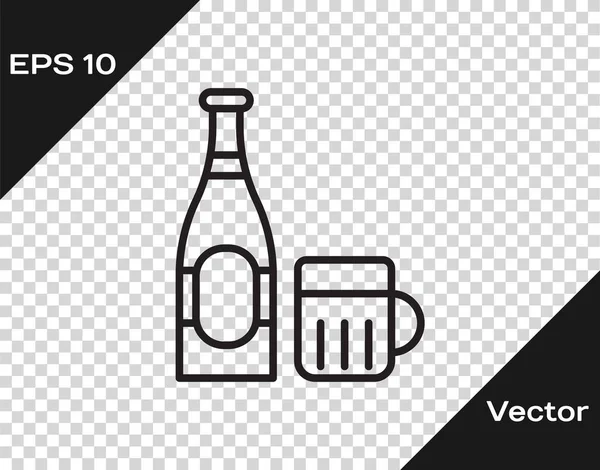 Línea negra Botella de cerveza e icono de vidrio aislados sobre fondo transparente. Alcohol Símbolo de bebida. Ilustración vectorial — Vector de stock