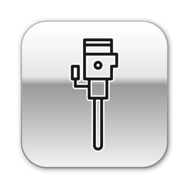 Siyah çizgi inşaat matkabı ikonu beyaz arka planda izole edildi. Gümüş kare düğme. Vektör İllüstrasyonu