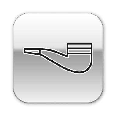 Beyaz arka planda izole edilmiş duman simgesi olan siyah çizgi sigara piposu. Tütün piposu. Gümüş kare düğme. Vektör İllüstrasyonu