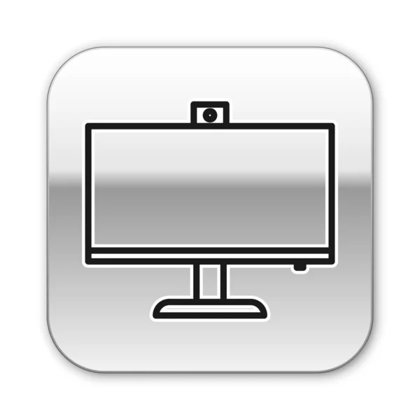 Linha preta ícone monitor de computador isolado no fundo branco. Assinatura do componente do PC. Botão quadrado de prata. Ilustração vetorial — Vetor de Stock