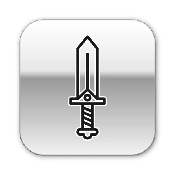 Svart linje svärd för spel ikon isolerad på vit bakgrund. Silverfyrkantig knapp. Vektor Illustration — Stock vektor