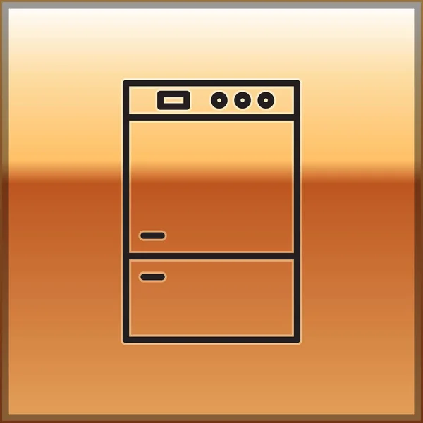 Schwarze Linie Kühlschrank Symbol isoliert auf goldenem Hintergrund. Kühlschrank mit Gefrierfach Kühlschrank. Haushaltstechnologie und Haushaltsgeräte. Vektorillustration — Stockvektor