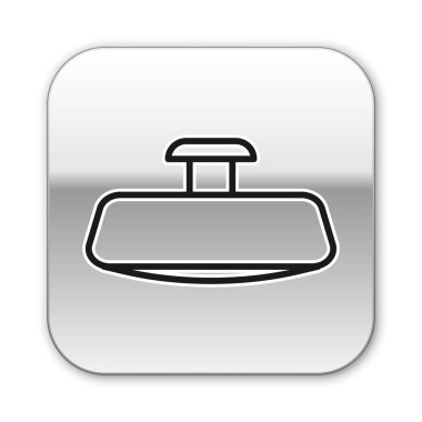 Siyah çizgi araba ayna ikonu beyaz arkaplanda izole edildi. Gümüş kare düğme. Vektör İllüstrasyonu