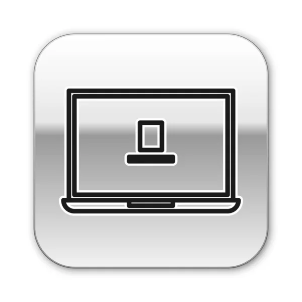 Icono del ordenador portátil de línea negra aislado sobre fondo blanco. Computadora portátil con pantalla vacía. Botón cuadrado plateado. Ilustración vectorial — Vector de stock
