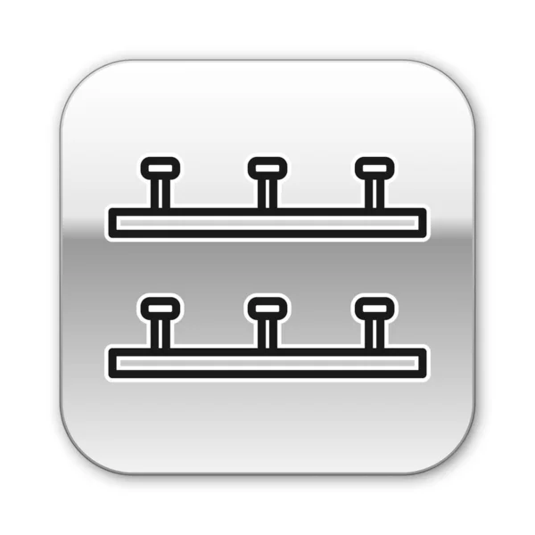 Μαύρη γραμμή Αυτόματη άρδευση ψεκαστήρες εικονίδιο απομονώνονται σε λευκό φόντο. Εξοπλισμός ποτίσματος. Στοιχείο κήπου. Εικόνα πιστολιού. Ασημένιο τετράγωνο κουμπί. Εικονογράφηση διανύσματος — Διανυσματικό Αρχείο
