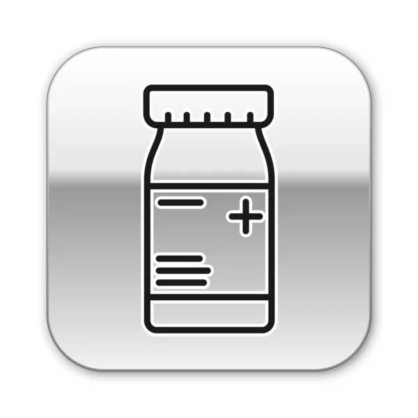 黒のライン白い背景に隔離された薬のボトルと薬のアイコン。瓶の丸薬のサイン薬局の設計銀四角形のボタン。ベクターイラスト — ストックベクタ