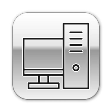 Siyah çizgi bilgisayar monitörü simgesi beyaz arkaplanda izole edildi. Bilgisayar bileşeni işareti. Gümüş kare düğme. Vektör İllüstrasyonu