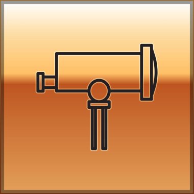 Siyah çizgi Teleskop simgesi altın arka planda izole edildi. Bilimsel bir alet. Eğitim ve astronomi elementi, dürbün ve çalışma yıldızları. Vektör İllüstrasyonu