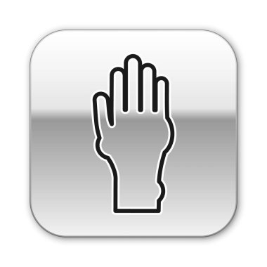 Beyaz arka planda sedef ya da egzama ikonu olan siyah çizgili El. Alerjene veya kronik vücut sorununa karşı insan derisi tepkisi kavramı. Gümüş kare düğme. Vektör İllüstrasyonu