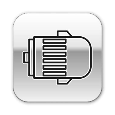 Siyah çizgi elektrik motor simgesi beyaz arkaplanda izole edildi. Araba alternatörü. Gümüş kare düğme. Vektör İllüstrasyonu