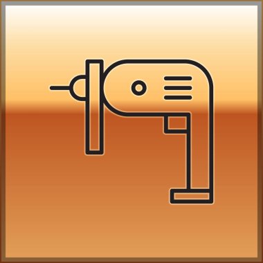 Siyah çizgi elektrikli matkap ikonu altın arka planda izole edilmiş. Tamir aleti. Vektör İllüstrasyonu