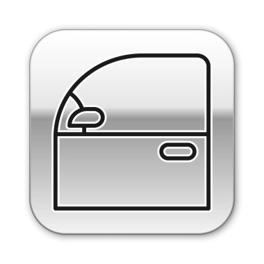 Siyah çizgi araba kapısı simgesi beyaz arka planda izole edildi. Gümüş kare düğme. Vektör İllüstrasyonu