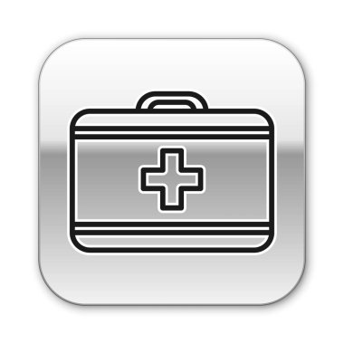 Siyah çizgi ilk yardım çantası simgesi beyaz arkaplanda izole edildi. Haçlı sağlık kutusu. Acil durumlar için tıbbi ekipman. Sağlık sigortası konsepti. Gümüş kare düğme. Vektör İllüstrasyonu