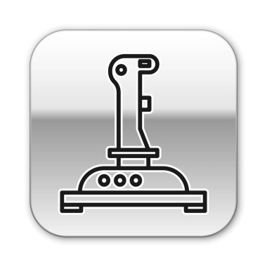 Atari makinesi simgesi için siyah çizgi Joystick beyaz arkaplanda izole edildi. Joystick oyun alanı. Gümüş kare düğme. Vektör İllüstrasyonu