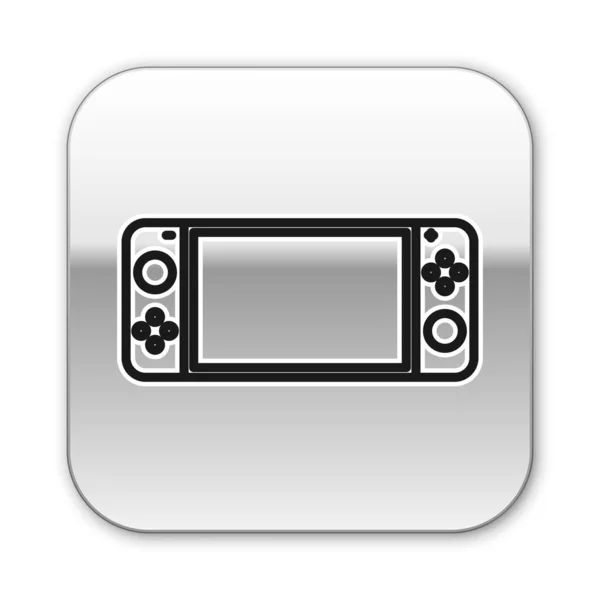Línea negra Icono de consola de videojuegos portátil aislado sobre fondo blanco. Señal de mando. Concepto de juego. Botón cuadrado plateado. Ilustración vectorial — Vector de stock