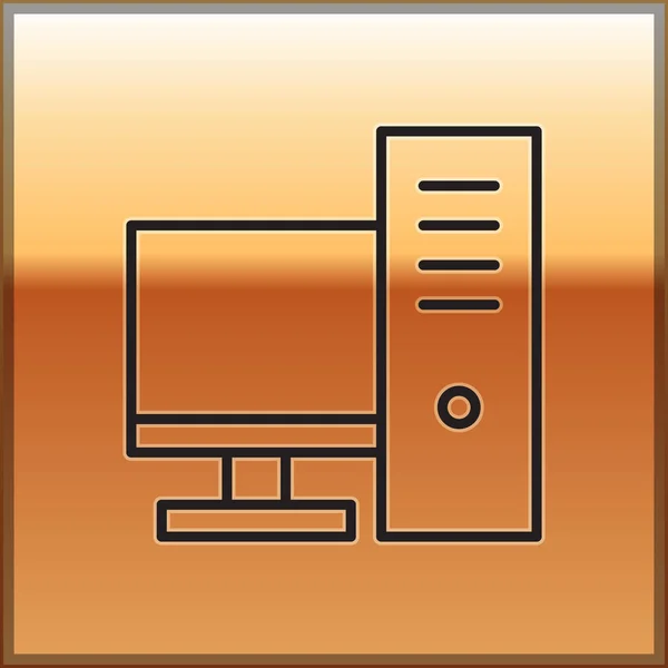 Černá čára Počítačový monitor ikona izolované na zlatém pozadí. Značka PC komponenty. Vektorová ilustrace — Stockový vektor