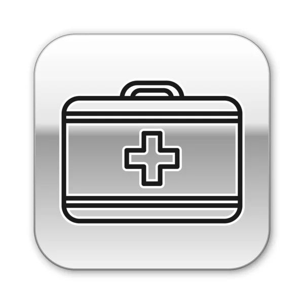 Black line First aid kit icon isolated on white background. Medical box with cross. Medical equipment for emergency. Healthcare concept. Silver square button. Vector Illustration — Stock Vector