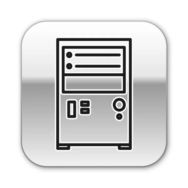 Línea negra Icono de ordenador aislado sobre fondo blanco. Signo de componente PC. Botón cuadrado plateado. Ilustración vectorial — Archivo Imágenes Vectoriales