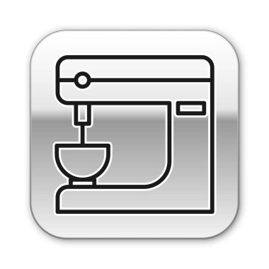 Siyah çizgi elektrik karıştırıcı simgesi beyaz arkaplanda izole edildi. Mutfak blenderi. Gümüş kare düğme. Vektör İllüstrasyonu