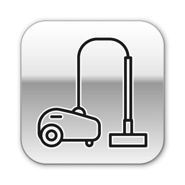 Siyah çizgi elektrikli süpürge ikonu beyaz arkaplanda izole edildi. Gümüş kare düğme. Vektör İllüstrasyonu