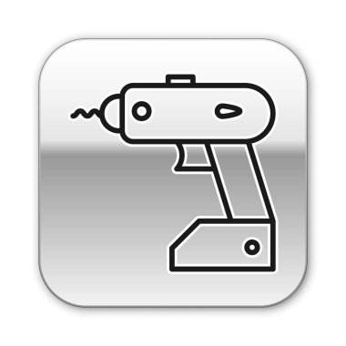 Siyah çizgi elektrik kablosuz tornavida simgesi beyaz arkaplanda izole edildi. Elektrikli matkap. Tamir aleti. Gümüş kare düğme. Vektör İllüstrasyonu