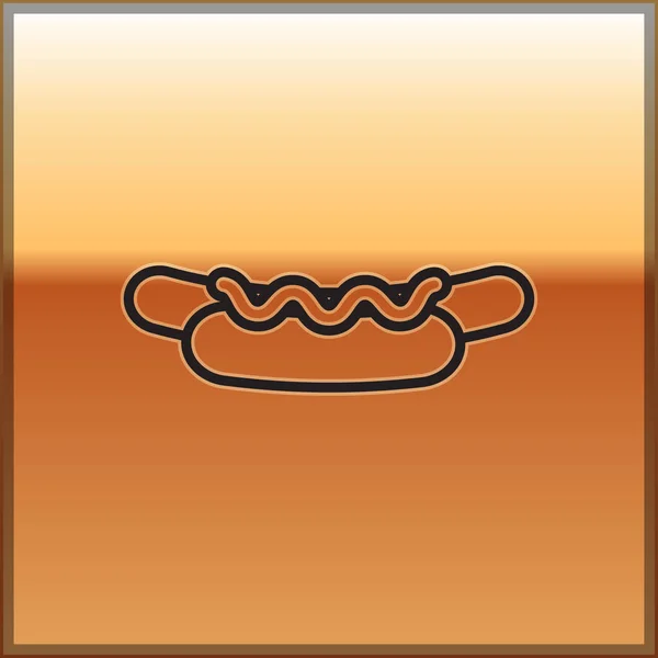 Sandwich Hotdog de línea negra con icono de mostaza aislado sobre fondo dorado. Icono de salchicha. Menú de comida rápida. Ilustración vectorial — Vector de stock