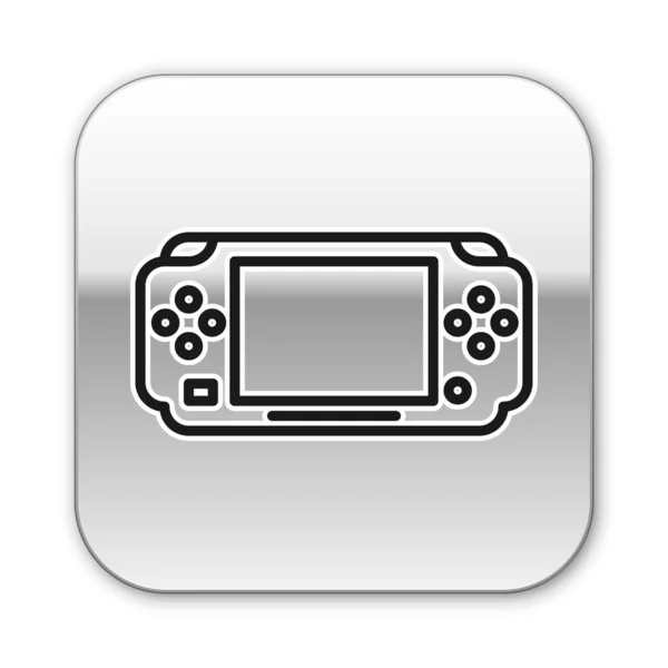 블랙 라인 휴대용 비디오 게임 콘솔 아이콘은 흰색 배경에서 분리되었다. 게임 패드 사인. 게임 컨셉이요. 은색 네모 단추. 벡터 일러스트 — 스톡 벡터