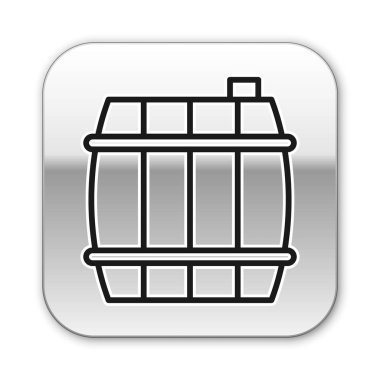 Siyah çizgi tahta varil ikonu beyaz arka planda izole edilmiş. Alkol fıçısı, içki kabı, bira için tahta fıçı, viski, şarap. Gümüş kare düğme. Vektör İllüstrasyonu