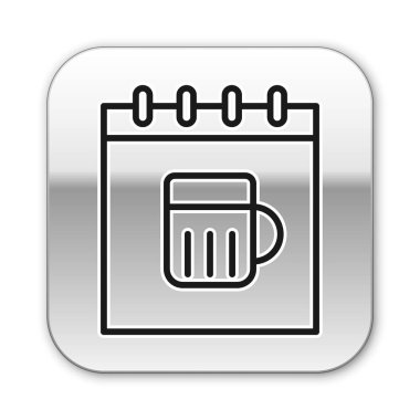 Siyah çizgi Aziz Patrick Günü, takvim simgesi beyaz arka planda izole edilmiş. Dört yapraklı yonca sembolü. Tarih 17 Mart. Gümüş kare düğme. Vektör İllüstrasyonu