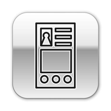 Siyah çizgi Beyaz arkaplanda izole hesap ekranı simgesi oluştur. Gümüş kare düğme. Vektör İllüstrasyonu