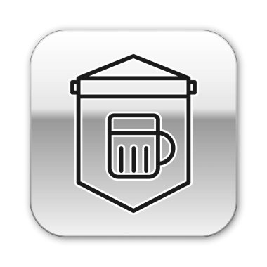 Beyaz arka planda izole edilmiş bira ikonu dolu siyah çizgi sokak tabelası. Reklamlar için uygun bar, kafe, bar, restoran. Gümüş kare düğme. Vektör İllüstrasyonu