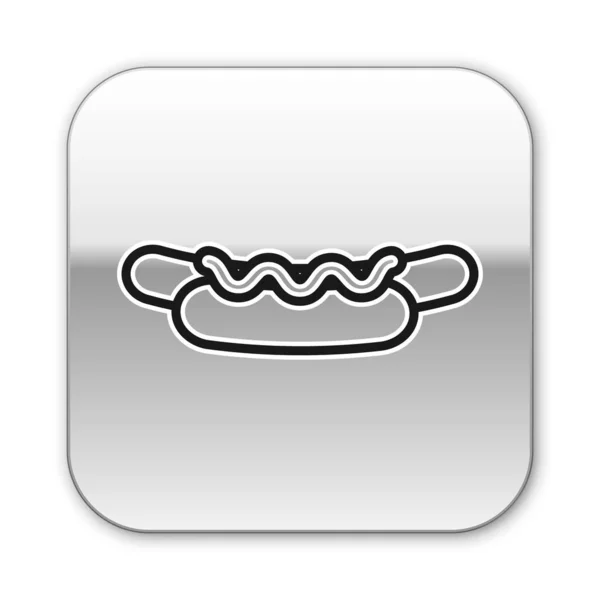 Μαύρη γραμμή σάντουιτς Hotdog με εικονίδιο μουστάρδα απομονώνονται σε λευκό φόντο. Εικονίδιο λουκάνικου. Στο μενού φαστ φουντ. Ασημένιο τετράγωνο κουμπί. Εικονογράφηση διανύσματος — Διανυσματικό Αρχείο