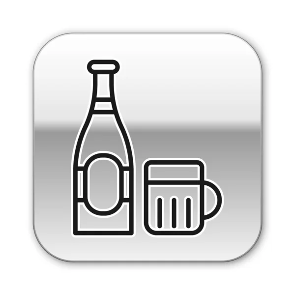 ブラックライン白を基調としたビールボトルとガラスのアイコン。アルコール飲料のシンボル。銀四角形のボタン。ベクターイラスト — ストックベクタ
